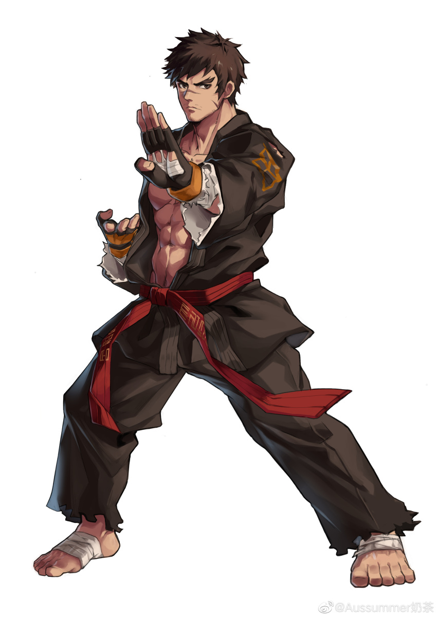 1boy abs absurdres aussummer bandages bara belt black_pants dnf_duel dougi dungeon_and_fighter facial_hair fighter_(dungeon_and_fighter) fighting_stance forked_eyebrows full_body gloves grappler_(dungeon_and_fighter) highres japanese_clothes karate_gi looking_at_viewer male_focus martial_arts_belt mature_male muscular muscular_male navel navel_hair pants pectorals red_belt scar scar_on_cheek scar_on_face solo stubble thick_eyebrows