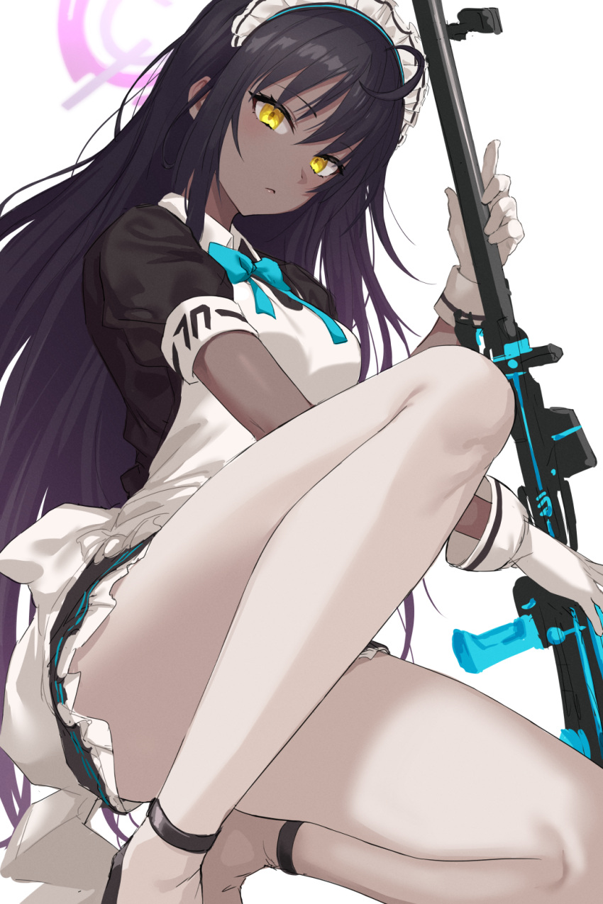 anti-materiel_rifle apron black_dress black_hair blue_archive blue_bow blue_bowtie bow bowtie boys_anti_tank_rifle closed_mouth commentary dark-skinned_female dark_skin deca_purio dress female gloves gun halo highres karin_(blue_archive) long_hair looking_at_viewer maid maid_apron maid_headdress on_one_knee pantyhose rifle short_sleeves simple_background sniper_rifle solo very_long_hair weapon white_apron white_background white_gloves white_pantyhose yellow_eyes