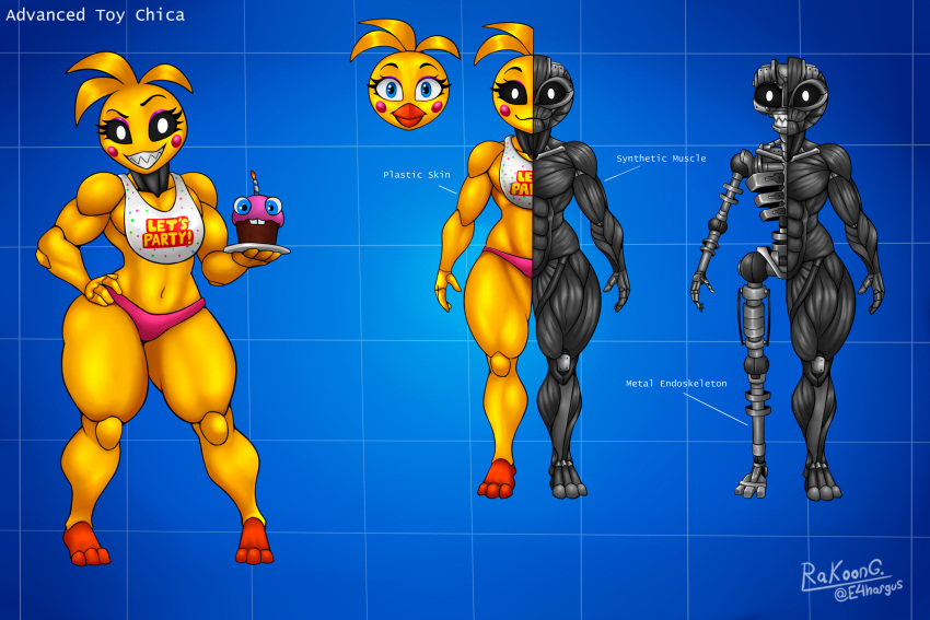 3:2 advanced_toy_chica animatronic anthro avian bib bird black_sclera blue_eyes blueprint blush chicken cupcake_(fnaf) e4hargus endoskeleton english_text exposed_endoskeleton eyelashes eyeshadow female five_nights_at_freddy's five_nights_at_freddy's_2 galliform gallus_(genus) hand_on_hip hi_res looking_at_viewer machine makeup metallic_body muscular muscular_anthro muscular_female navel phasianid robot scottgames sharp_teeth smile smiling_at_viewer solo synthetic synthetic_muscles teeth text thick_thighs toy_chica_(fnaf) yellow_body