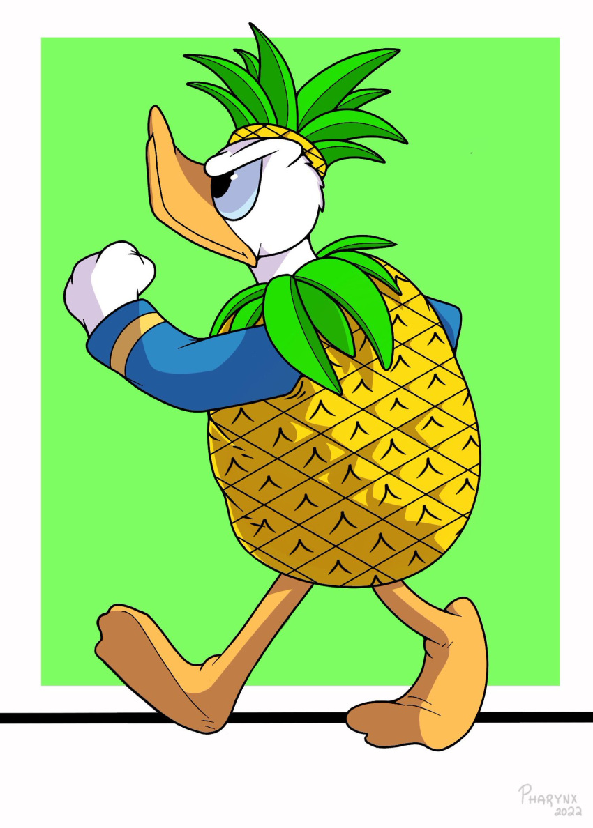 2022 anatid anseriform anthro avian beak bird clothed clothing costume disney donald_duck duck food food_costume fruit fruit_costume hi_res male pharynx pineapple pineapple_costume plant side_view signature simple_background solo walking