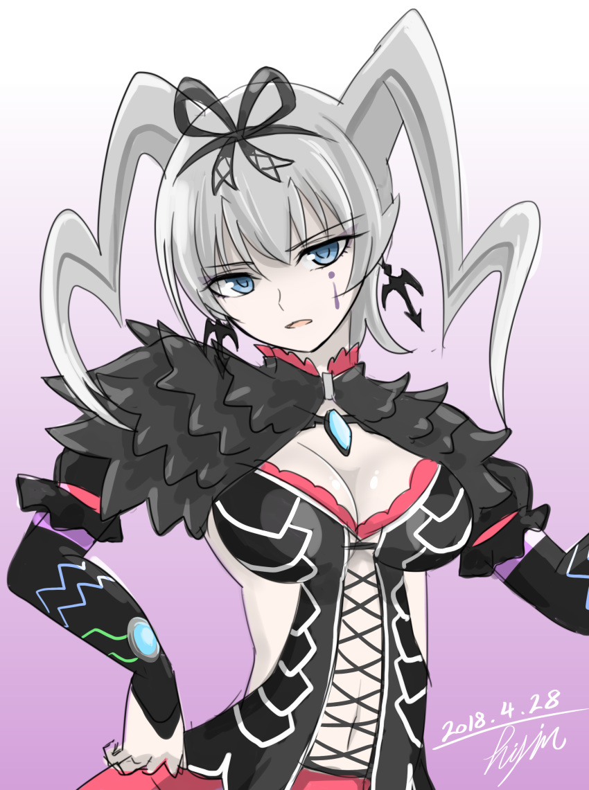 absurdres black_hairband black_ribbon breasts capelet cleavage cowboy_shot cross-laced_clothes dated earrings facial_mark female goth_fashion gradient_background grey_hair hairband head_tilt highres hisin jewelry large_breasts looking_at_viewer navel pale_skin purple_background ribbon signature solo vale_(xenoblade) white_background xenoblade_chronicles_(series) xenoblade_chronicles_2