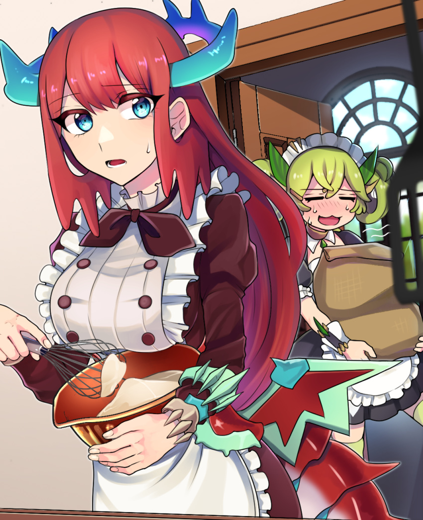 2girls :3 :d =_= apron batter black_dress blue_eyes blue_horns blush bowl breasts brown_choker brown_neckerchief buttons choker closed_eyes collar commentary_request detached_collar door dragon_girl dragon_horns dragon_tail dragon_wings dress duel_monster frilled_apron frilled_collar frilled_sleeves frills green_hair green_legwear hair_between_eyes hair_rings highres holding holding_bowl holding_sack holding_whisk horns indoors kitchen_dragonmaid lace-trimmed_apron lace_trim large_breasts long_hair long_sleeves looking_at_viewer lower_teeth_only maid maid_apron maid_headdress mixing mixing_bowl motion_lines multiple_girls neckerchief nose_blush open_door open_mouth parlor_dragonmaid pinyata_(pinyaland) puffy_long_sleeves puffy_short_sleeves puffy_sleeves red_dress red_hair sack short_sleeves sidelocks smile spatula standing sweatdrop tail teeth thighhighs upper_body whisk window wings wrist_cuffs yellow_horns yu-gi-oh! zettai_ryouiki