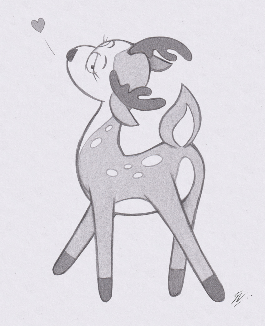 2023 bedroom_eyes deer disney eyelashes female feral head_tilt heart_symbol hi_res hooves horn kiff_(series) lockerobster looking_at_viewer mammal miss_deer_teacher monochrome narrowed_eyes raised_tail seductive simple_background solo tail traditional_media_(artwork)