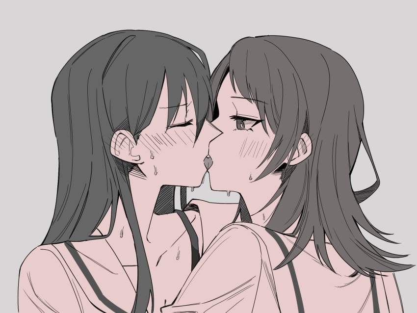 2girls bang_dream! bang_dream!_it's_mygo!!!!! blush closed_eyes commentary_request ear_blush french_kiss from_side highres kissing long_hair looking_at_another medium_hair monochrome multiple_girls nanami_(nunnun_0410) school_uniform serafuku shiina_taki sweat tongue upper_body yahata_umiri yuri