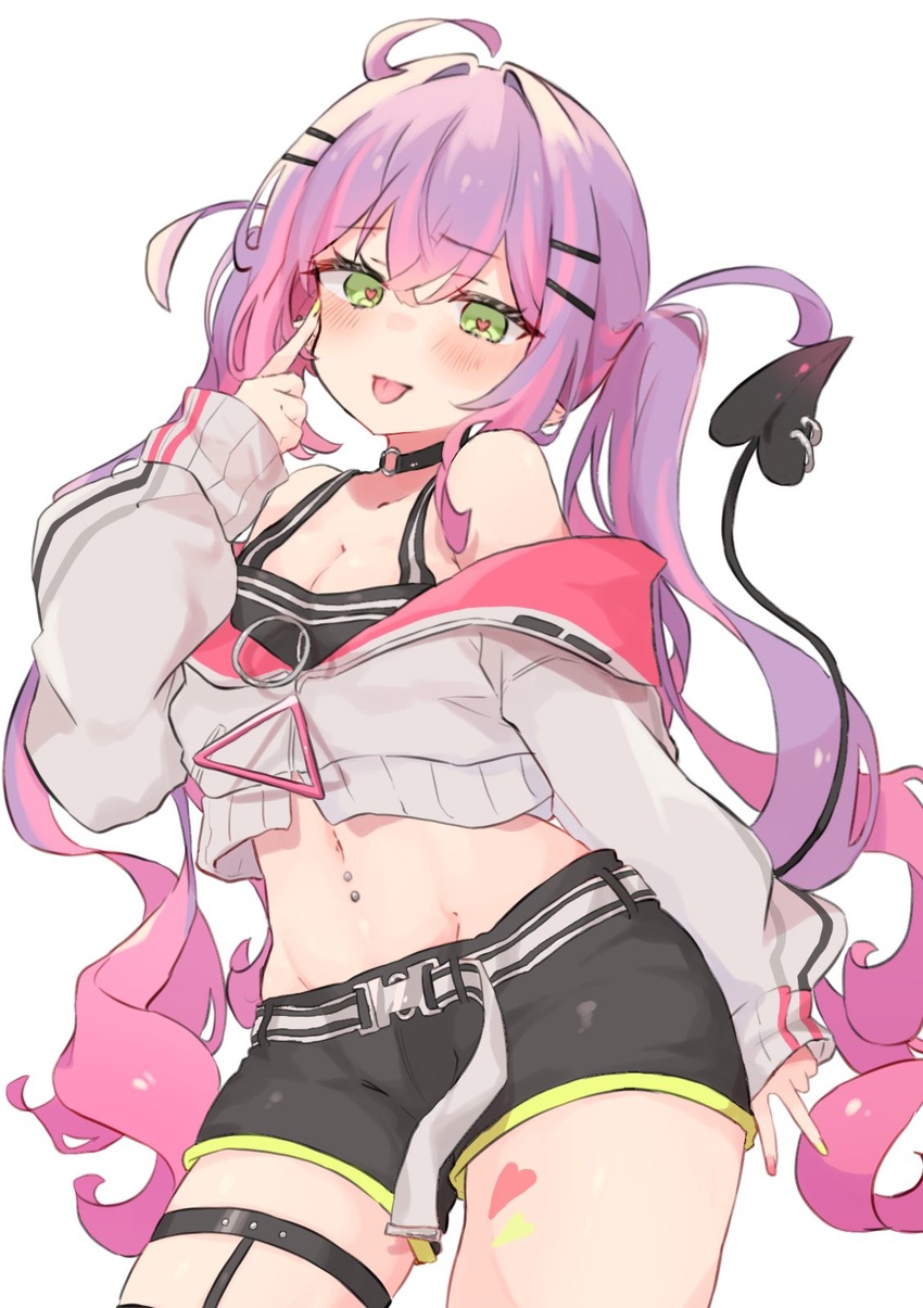 akanbe bare_shoulders black_shorts blush choker commentary_request crop_top cropped_jacket demon_tail eyelid_pull female green_eyes highres hololive long_hair looking_at_viewer midriff navel navel_piercing nekonika_(e102k) o-ring o-ring_choker piercing purple_hair shorts solo tail tail_ornament tail_piercing tokoyami_towa tokoyami_towa_(1st_costume) tongue tongue_out twintails virtual_youtuber white_background