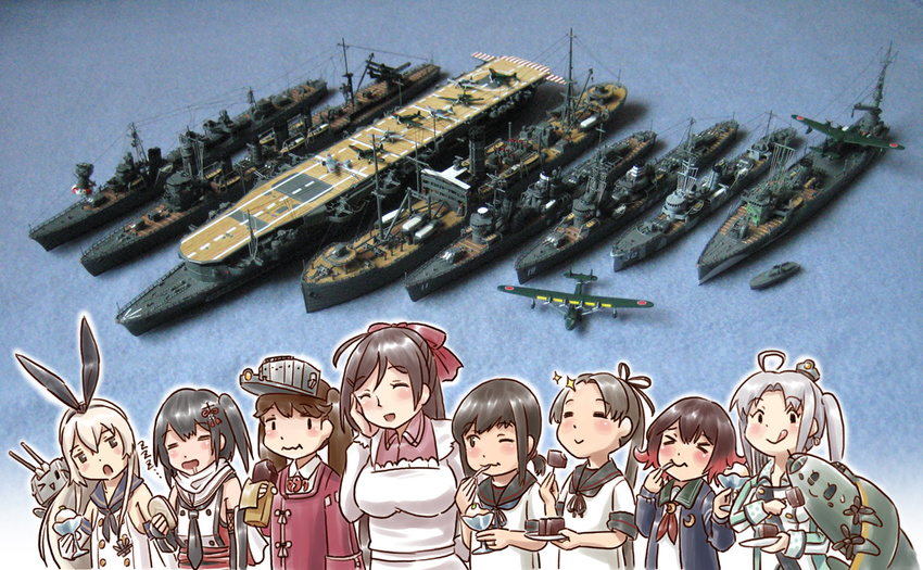 >_< >_o 6+girls :> aircraft_carrier akitsushima_(kancolle) akitsushima_(seaplane_tender) apron artillery ayanami_(destroyer) ayanami_(kancolle) black_eyes black_hair blonde_hair breasts brown_hair closed_eyes commentary_request cruiser destroyer drooling eating flight_deck food fubuki_(destroyer) fubuki_(kancolle) h8k hair_ornament hair_ribbon historical_name_connection ice_cream japanese_clothes kantai_collection kappougi karasu_(naoshow357) kariginu large_breasts long_hair magatama mamiya_(food_supply_ship) mamiya_(kancolle) military military_vehicle model model_ship multicolored_hair multiple_girls mutsuki_(destroyer) mutsuki_(kancolle) name_connection nishikitaitei-chan object_namesake one_eye_closed open_mouth photo_(medium) photo_inset photoshop_(medium) ponytail purple_eyes red_hair remodel_(kantai_collection) rensouhou-chan ribbon ryuujou_(aircraft_carrier) ryuujou_(kancolle) school_uniform seaplane seaplane_tender sendai_(cruiser) sendai_(kancolle) serafuku shimakaze_(destroyer) shimakaze_(kancolle) ship side_ponytail sleeping smile sparkle tongue tongue_out torpedo_launcher turret twintails two-tone_hair vehicle_and_personification visor_cap warship watercraft wavy_mouth zzz