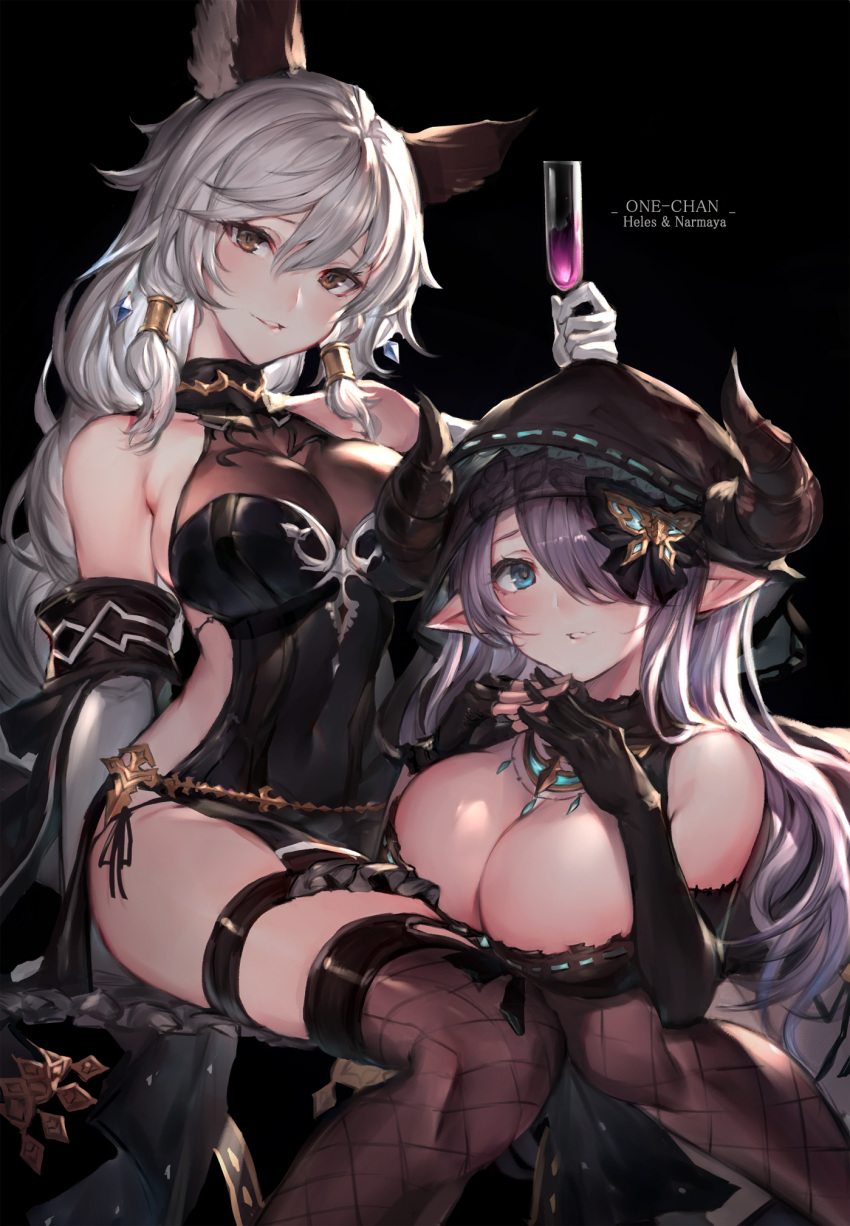 2girls animal_ears backless_outfit bare_shoulders black_background black_dress black_gloves blue_eyes braid breasts butterfly_hair_ornament cat_ears character_name cleavage commentary_request covered_navel cup draph dress drinking_glass elbow_gloves erune fingerless_gloves fishnets gloves granblue_fantasy hair_between_eyes hair_ornament hair_over_one_eye hair_tubes halterneck heles heles_(irestill_evening_dress)_(granblue_fantasy) highres hip_focus hood horns jewelry large_breasts light_purple_hair long_hair looking_at_viewer multiple_girls narmaya_(granblue_fantasy) narmaya_(the_black_butterfly)_(granblue_fantasy) official_alternate_costume own_hands_together pointy_ears simple_background single_braid smile thigh_strap thighhighs thighs very_long_hair watao white_gloves white_hair yellow_eyes