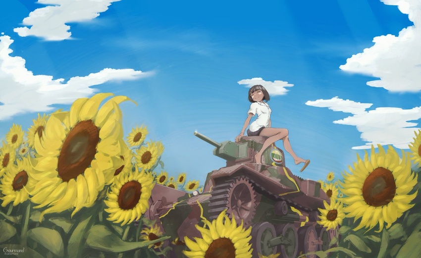 ^_^ artist_name aung_(girls_und_panzer) blue_sky breasts brown_hair closed_eyes cloud facepaint female field flower flower_field g0urmand girls_und_panzer girls_und_panzer_ribbon_no_musha military military_vehicle motor_vehicle outdoors shirt shoe_dangle short_hair sky small_breasts smile solo sunflower sunflower_field tan tank twitter_username type_95_ha-gou white_shirt