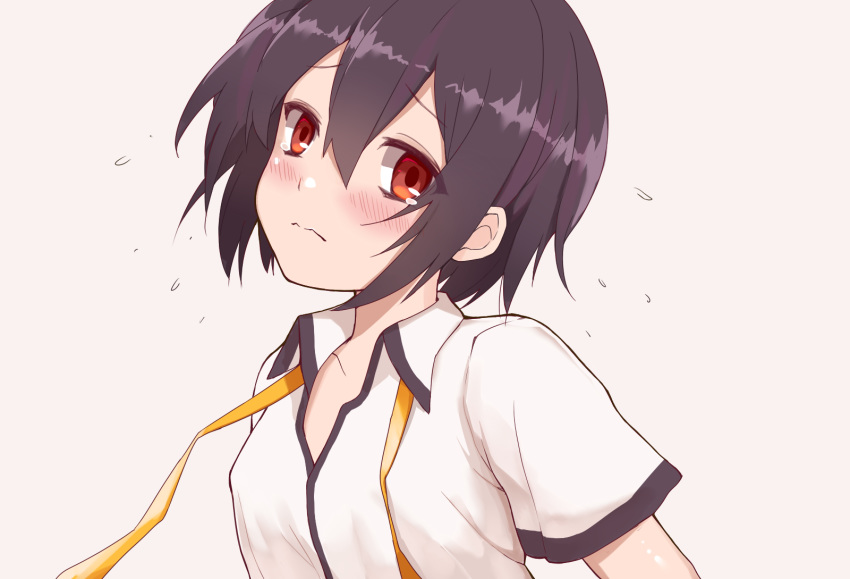 ayanami_(warship_girls_r) black_hair blush breasts chinese_commentary collarbone commentary ero_mang-a female hair_between_eyes highres looking_at_viewer red_eyes sad shirt short_hair short_sleeves simple_background small_breasts solo tearing_up warship_girls_r wavy_mouth white_background white_shirt