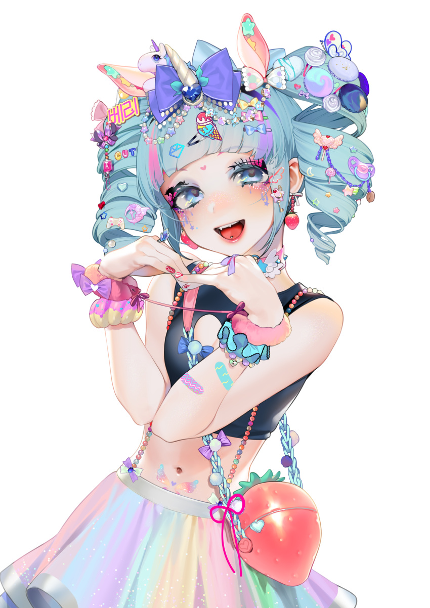 :d absurdres animal_ears bad_id bad_pixiv_id bandaid bandaid_on_arm bare_shoulders beads berry_(shining_star) black_shirt blue_eyes blue_hair commentary_request contrapposto crop_top decora drill_hair earrings eyelashes eyeshadow facial_mark fangs female food-themed_bag food-themed_earrings glitch hair_ornament hairclip hands_up head_tilt heart heart_arms highres horns jewelry korean_text long_hair looking_at_viewer makeup midriff multicolored_hair nail_art nail_polish navel ohisashiburi open_mouth partial_commentary piercing pink_hair purple_hair red_nails shining_star shirt simple_background single_horn sleeveless sleeveless_shirt smile solo standing stomach strawberry_bag strawberry_earrings tongue_piercing twin_drills twintails unicorn upper_body white_background