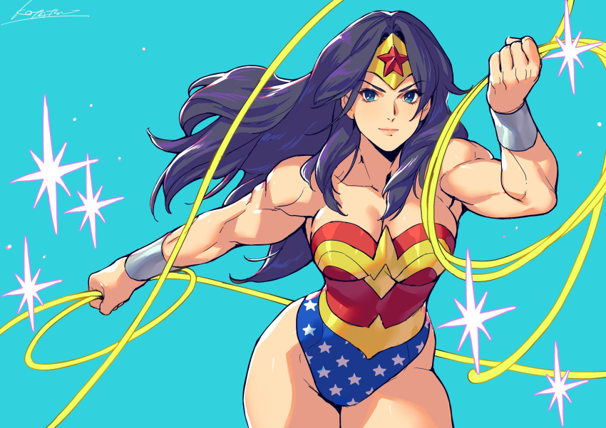 animification bare_shoulders black_hair blue_eyes bracelet breasts cleavage closed_mouth collarbone cowboy_shot dc_comics female fighting_stance hand_up highres holding_lasso jewelry kotatsu_(g-rough) lasso lasso_of_truth lips long_hair looking_at_viewer medium_breasts muscular muscular_female parted_bangs revealing_clothes signature simple_background solo sparkle star_(symbol) star_print superhero_costume thighs tiara wide_hips wonder_woman wonder_woman_(series)