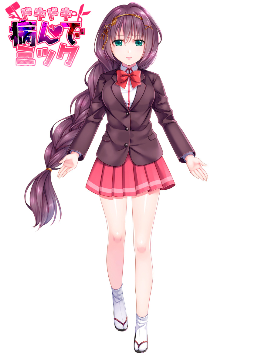 blazer bow braid brown_hair copyright_name dokidoki_yandemic female full_body green_eyes hair_ornament hairclip highres jacket kochou_noel long_hair long_sleeves official_art pink_bow pink_skirt pleated_skirt school_uniform simple_background skirt socks solo standing white_background white_socks