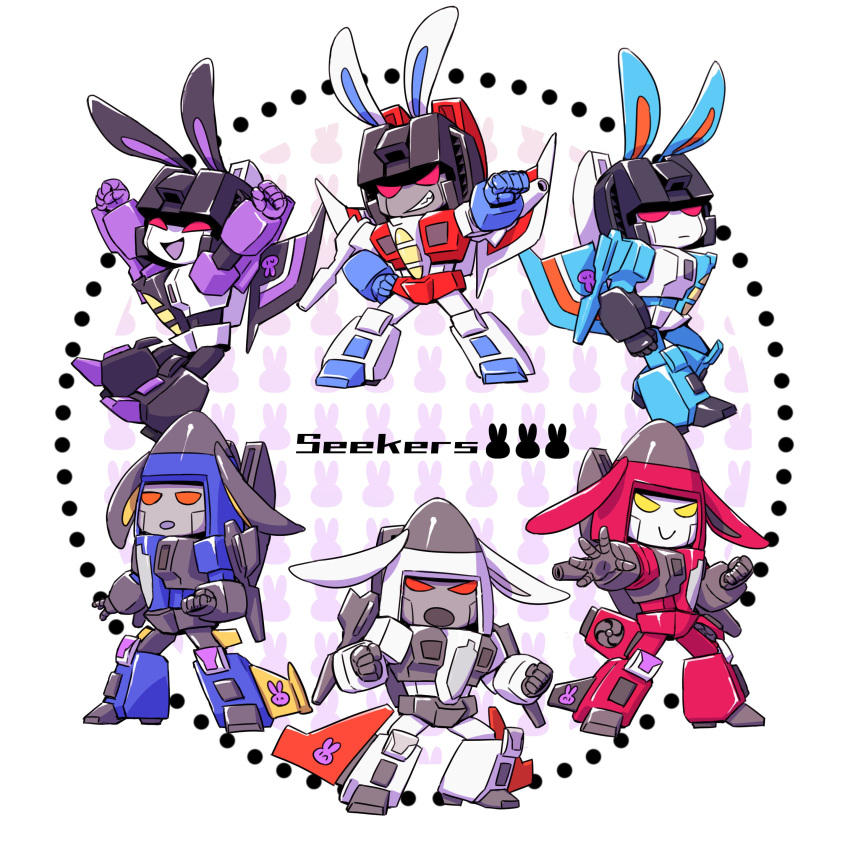 6+boys :o ^_^ absurdres airplane_wing animal_ears aoi_rena chibi clenched_hands closed_eyes commentary_request decepticon dirge_(transformers) hand_on_own_hip highres kemonomimi_mode mecha multiple_boys no_humans open_hand open_mouth rabbit_ears ramjet red_eyes robot skywarp smirk starscream thrust_(transformers) thundercracker transformers transformers:_generation_1 yellow_eyes