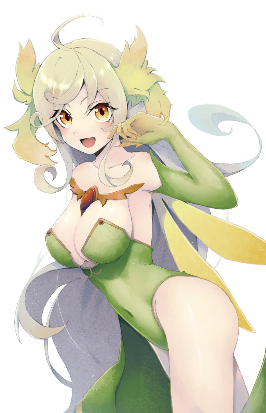 :d absurdres ahoge bare_shoulders breasts commentary dress elbow_gloves female gloves green_dress green_hair highres kawahara0527 light_blush long_hair looking_at_viewer medium_breasts mon-musu_quest! multicolored_hair open_mouth simple_background smile solo sylph_(mon-musu_quest!) white_background yellow_eyes