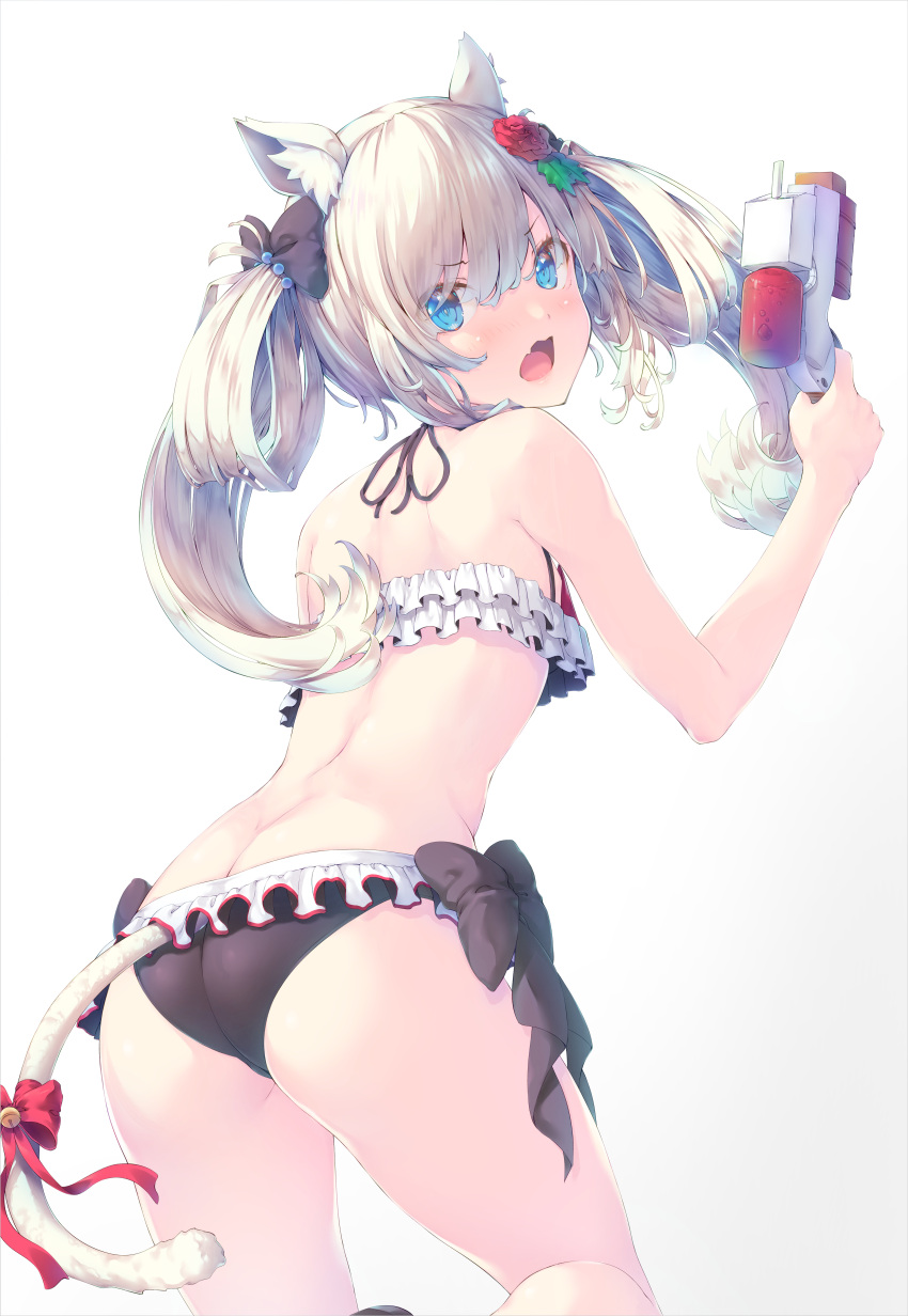 absurdres animal_ears ass azur_lane bare_back bell bikini blue_eyes bow cat_ears cat_girl cat_tail commentary_request eyes_visible_through_hair female frilled_bikini frills from_behind hair_between_eyes hair_ornament hair_ribbon hairbow hammann_(azur_lane) hammann_(rebellious_summer)_(azur_lane) highres holding holding_water_gun long_hair looking_at_viewer looking_back nakazawa_aki official_alternate_costume ribbon sidelocks solo swimsuit tail tail_bell tail_bow tail_ornament tail_ribbon twintails water_gun white_background white_hair