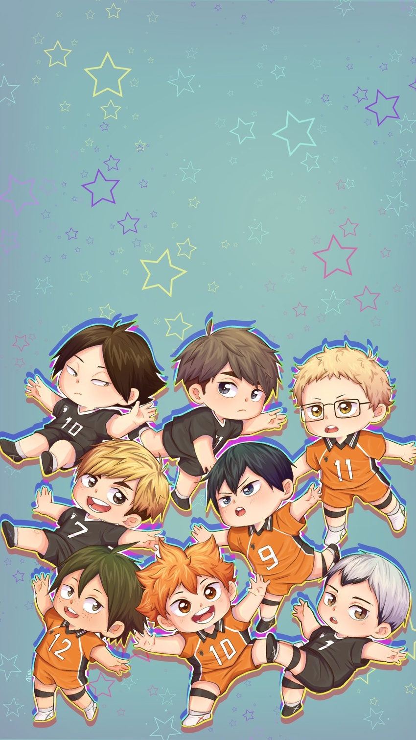 6+boys ainudraws black_hair blonde_hair blue_eyes chibi chibi_only glasses green_eyes green_hair haikyuu!! highres hinata_shouyou kageyama_tobio karasuno_volleyball_uniform kita_shinsuke looking_at_viewer male_focus miya_atsumu miya_osamu multiple_boys numbered open_mouth orange_eyes orange_hair short_hair simple_background smile sportswear star_(symbol) suna_rintarou tsukishima_kei volleyball_uniform white_hair yamaguchi_tadashi yellow_eyes