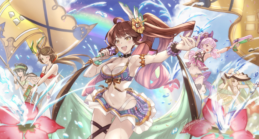 5girls bikini breasts brown_hair canna_(granblue_fantasy) commentary_request commission diantha_(granblue_fantasy) diola_(granblue_fantasy) flower granblue_fantasy hair_flower hair_ornament harie_(granblue_fantasy) hat highres kaji_zarame linaria_(granblue_fantasy) microphone multiple_girls open_mouth pink_hair pixiv_commission rainbow signature sky standing swimsuit water water_gun