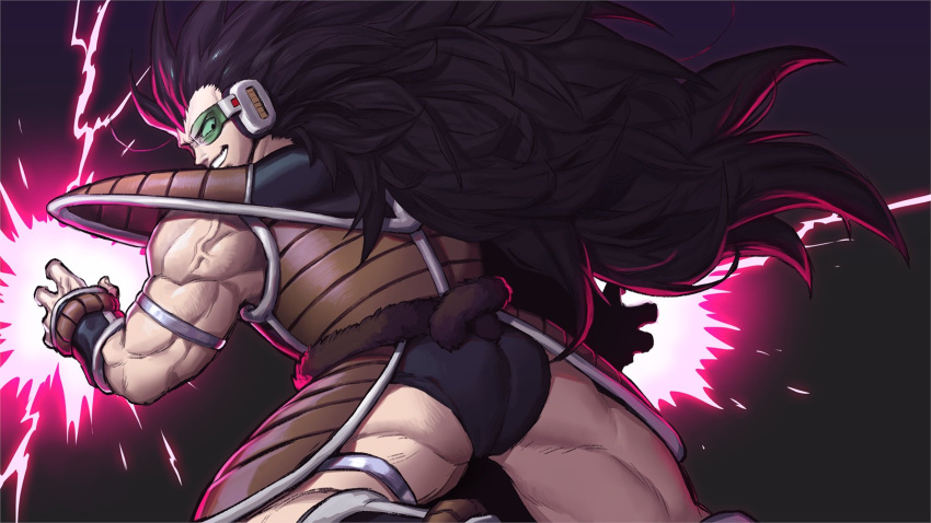 1boy bara black_hair dragon_ball dragon_ball_z energy evil_smile from_behind green-tinted_eyewear highres long_hair looking_back male_focus male_underwear_lift monkey_tail muscular muscular_male no_alert2038 raditz red_lightning saiyan saiyan_armor scouter smile solo spiked_hair tail thick_eyebrows thick_thighs thighs tinted_eyewear veins veiny_arms