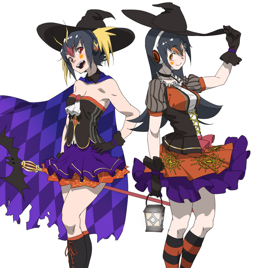 2girls :d argyle_cape argyle_clothes ascot bare_arms bare_shoulders black_choker black_gloves black_hair blonde_hair breasts cape choker commentary detached_collar facial_mark gentoo_penguin_(kemono_friends) gloves hair_between_eyes halloween_costume hand_on_own_hip hat headphones highres holding holding_lantern holding_staff kemono_friends kneehighs lantern long_hair looking_at_viewer medium_breasts multicolored_hair multiple_girls open_mouth orange_hair puffy_short_sleeves puffy_sleeves purple_skirt red_hair rockhopper_penguin_(kemono_friends) short_hair short_sleeves simple_background skirt smile socks spider_web_print staff star_(symbol) striped_clothes striped_socks tanabe_(fueisei) two-tone_hair underbust white_ascot white_background witch_hat