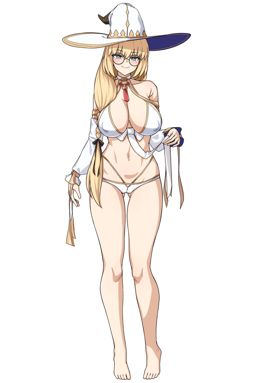 aesc_(fate) aesc_(rain_witch)_(fate) alternate_breast_size ass_visible_through_thighs bare_shoulders barefoot bikini blonde_hair blue_eyes blush braid breasts cleavage collarbone detached_sleeves fate/grand_order fate_(series) female full_body glasses gold_trim hat highres large_breasts long_hair looking_at_viewer muta_poo navel revision round_eyewear side_ponytail smile solo swimsuit very_long_hair white_hat witch_hat