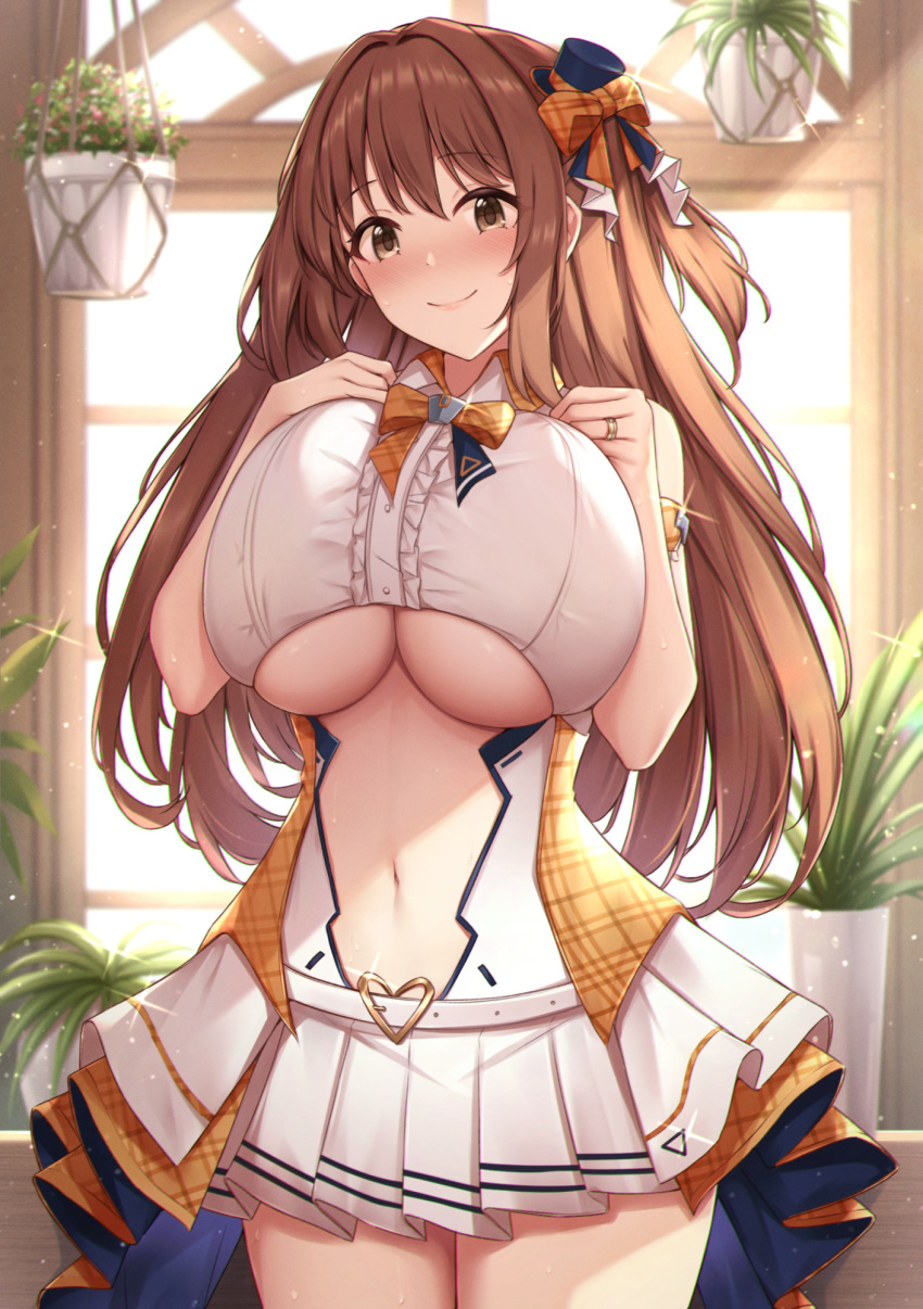 armlet azur_lane baltimore_(azur_lane) baltimore_(azur_lane)_(cosplay) baltimore_(muse)_(azur_lane) bare_shoulders blush bow breasts brown_eyes brown_hair center_opening cleavage closed_mouth clothing_cutout commentary_request commission cosplay cowboy_shot female hair_ornament hairbow hand_on_own_chest hat heart_belt highres idol indoors jewelry kannko_bokujou large_breasts long_hair mini_hat mini_top_hat miniskirt navel navel_cutout nozomi_(princess_connect!) orange_bow pixiv_commission plant pleated_skirt princess_connect! ring skirt smile solo thighs top_hat underboob underboob_cutout white_skirt window