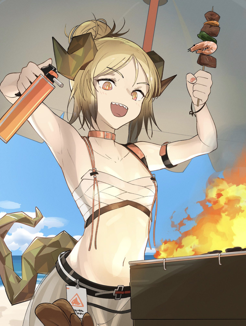 :d arknights arm_strap arms_up bad_id bad_twitter_id bandeau bare_arms bare_shoulders beach beach_umbrella belt belt_buckle bikini black_belt blonde_hair blowtorch blue_sky buckle chest_sarashi choker cloud collarbone commentary cooking day drawdrawdeimos female fire food grill grilling hair_bun high_ponytail highres holding holding_food horns ifrit_(arknights) ifrit_(sunburn)_(arknights) kebab meat nail_polish navel ocean official_alternate_costume open_mouth orange_choker orange_nails outdoors sand sarashi seafood see-through sharp_teeth short_hair shrimp single_hair_bun skewer sky smile solo stomach swimsuit tail teeth umbrella white_bikini