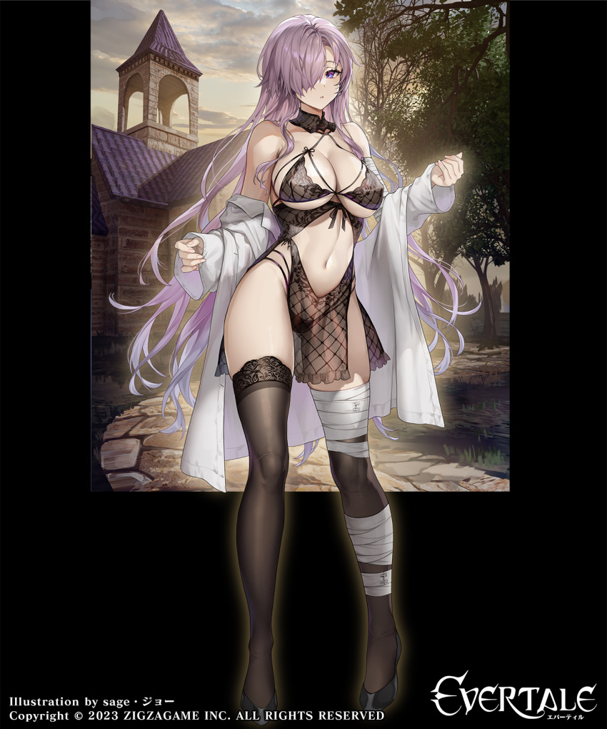 bare_shoulders black_footwear black_panties black_thighhighs blue_eyes breasts copyright_name evertale female full_body hair_over_one_eye highres large_breasts looking_at_viewer navel off_shoulder official_art one_eye_covered open_clothes ossia_(evertale) panties parted_lips purple_hair sage_joh shirt solo thighhighs thighs underwear white_shirt