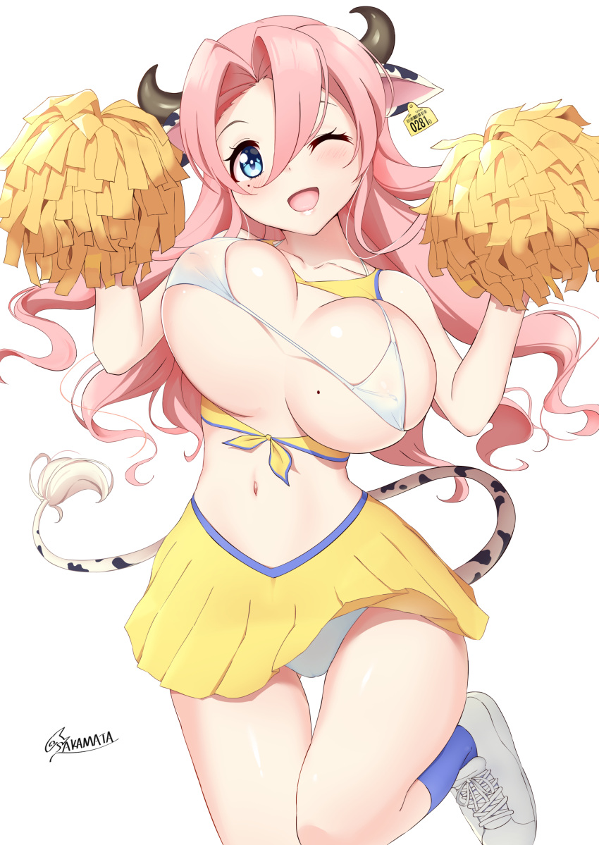 absurdres animal_ears blue_eyes blue_socks bra breasts collarbone cow_ears cow_girl cow_horns cow_tail ear_tag female hair_between_eyes highres horns large_breasts mole mole_on_breast mole_under_eye navel one_eye_closed open_mouth original panties pink_hair pom_pom_(cheerleading) sakamata_(sakamata4) skirt socks solo standing tail underwear white_bra white_footwear white_panties yellow_skirt