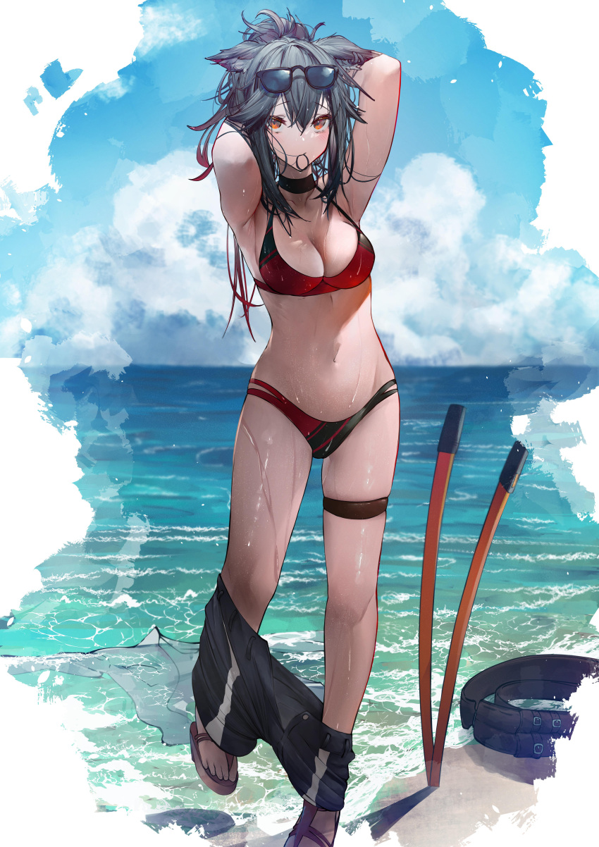 absurdres animal_ears arknights armpits arms_behind_head arms_up belt betabeet bikini black_hair black_shorts blue_sky blush breasts cleavage clothes_pull cloud collarbone commentary commission day eyewear_on_head female hair_tie_in_mouth hand_in_own_hair hands_in_hair highres horizon large_breasts leg_up looking_at_viewer mouth_hold multicolored_hair navel no_tail ocean outdoors planted planted_sword ponytail red_eyes red_hair sandals second-party_source shorts shorts_pull skindentation sky solo standing standing_on_one_leg stomach sunglasses swimsuit sword texas_(arknights) thigh_strap two-tone_bikini two-tone_hair tying_hair unworn_belt water weapon wet wolf_ears