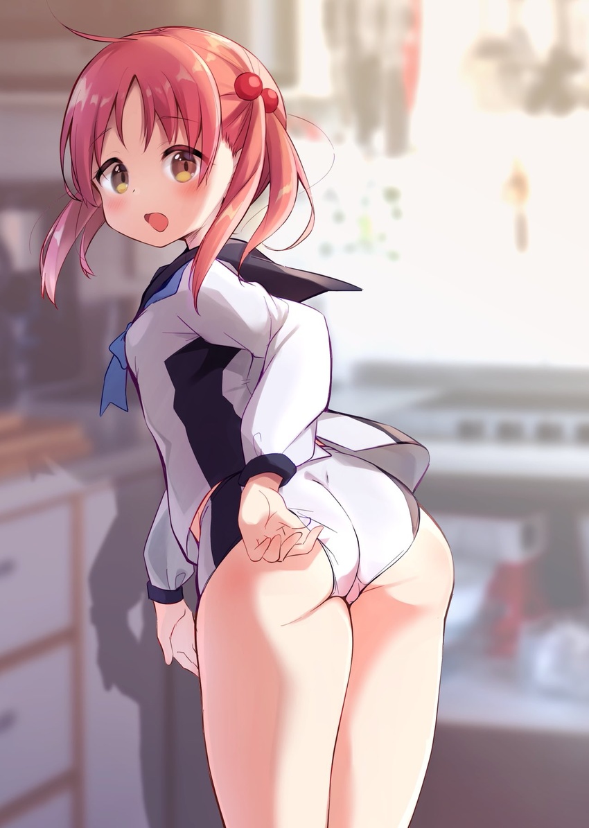 adjusting_clothes ass bad_id bad_twitter_id black_sailor_collar blurry brown_eyes commentary_request cowboy_shot depth_of_field female from_behind hair_bobbles hair_ornament highres inactive_account isshiki_momo kitchen looking_at_viewer looking_back national_shin_ooshima_school_uniform open_mouth pink_hair sailor_collar school_uniform serafuku short_hair short_shorts shorts solo twintails vividred_operation white_shorts yukimi_ai_risu