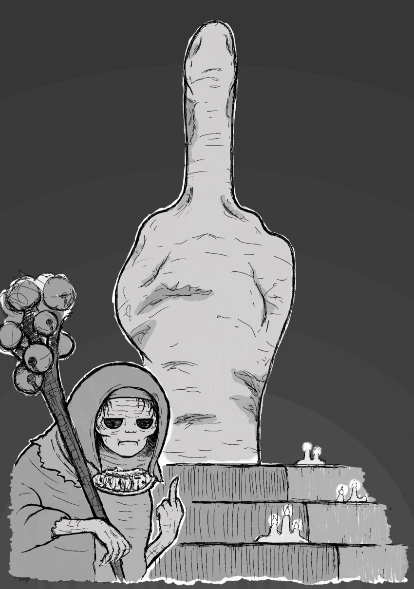 bell candle elden_ring female finger_reader_enia frown greyscale highres holding jingle_bell jitome middle_finger monochrome old old_woman parody robe stairs taiyo_sun_sun two_fingers_(elden_ring) wrinkled_skin