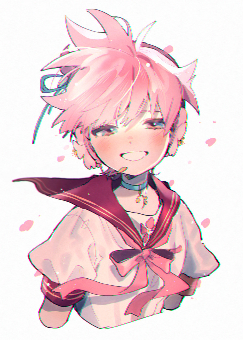 1boy aqua_collar aqua_ribbon bass_clef black_sailor_collar blush cherry_blossom_print cherry_blossoms commentary cropped_torso falling_petals floral_print grin hair_ribbon half-closed_eyes headphones headset highres kagamine_len kouhara_yuyu looking_at_viewer male_focus neck_ribbon petals pink_hair ribbon sailor_collar sakura_len shirt short_sleeves smile solo spiked_hair symbol-only_commentary upper_body vocaloid white_background white_shirt