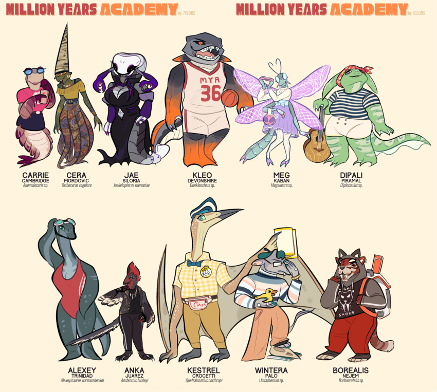 2018 alexey_trinidad_(million_years_academy) alexeyisaurus alternative_fashion amphibian anchiornis anka_juarez_(million_years_academy) anomalocarid anomalocaris antennae_(anatomy) anthro arthropod avian azhdarchid backpack ball barbourofelis barefoot basketball basketball_(ball) binomial_nomenclature biped black_body black_clothing black_sclera blue_body blue_eyes blue_sclera bone book borealis_nejem_(million_years_academy) bottomwear bow_(feature) bow_tie bracelet braces breasts brown_eyes carrie_cambridge_(million_years_academy) cephalopod cera_mordovic_(million_years_academy) character_name claws clothed clothing countershading denim denim_bottomwear denim_clothing dinosaur dipali_piramal_(million_years_academy) diplocaulus dragonfly dress dress_shirt dunkleosteus ear_piercing elasmosaurid electronics english_text eurypterid extinct eyewear fangs fanny_pack feathered_dinosaur feathered_scalie feathers feet felid female fingerless_gloves fish fur glasses gloves gloves_(marking) goggles goth green_body green_eyes green_sclera green_skin grey_body grey_skin group guitar handwear happy hat head_crest head_print headgear headwear hoodie insect_wings insects jacket jae_siloria_(million_years_academy) jaekelopterus jeans jersey jewelry kestrel_crocetti_(million_years_academy) kleo_devonshire_(million_years_academy) latin_text leg_markings looking_at_viewer looking_away mammal marine markings meg_kaban_(million_years_academy) meganeura million_years_academy mohawk mollusk multi_arm multi_limb musical_instrument nectrid number number_on_clothing number_on_jersey number_on_topwear number_print open_mouth orange_eyes orthoceras orthocone pants phone piercing pink_body pink_clothing plesiosaur plucked_string_instrument prehistoric_species print_clothing print_jersey print_shirt print_topwear pterosaur purple_clothing purple_eyes quetzalcoatlus red_body red_clothing red_eyes red_feathers red_fur reptile rubber_duck scalie scientific_name sea_scorpion shirt shorts simple_background size_difference skirt skull socks_(marking) species_name string_instrument sweater swimwear tan_body tan_skin teeth text text_on_clothing text_on_jersey text_on_shirt text_on_topwear text_print theropod tomboy topwear uintatherium white_background white_clothing white_eyes wildcardshuffle winged_arms wings wintera_palo_(million_years_academy) yellow_clothing yellow_sclera