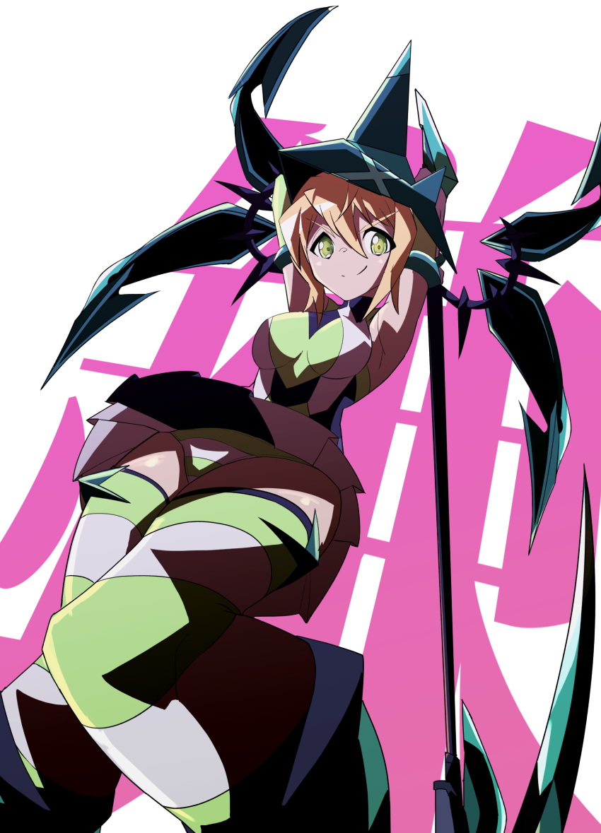 akatsuki_kirika arms_up bad_id bad_pixiv_id blonde_hair breasts closed_mouth commentary_request elbow_gloves female gloves goniataito green_eyes headgear highres holding holding_weapon leotard looking_at_viewer medium_breasts pantyhose scythe senki_zesshou_symphogear shiny_skin short_hair skirt smile solo striped_clothes striped_pantyhose weapon