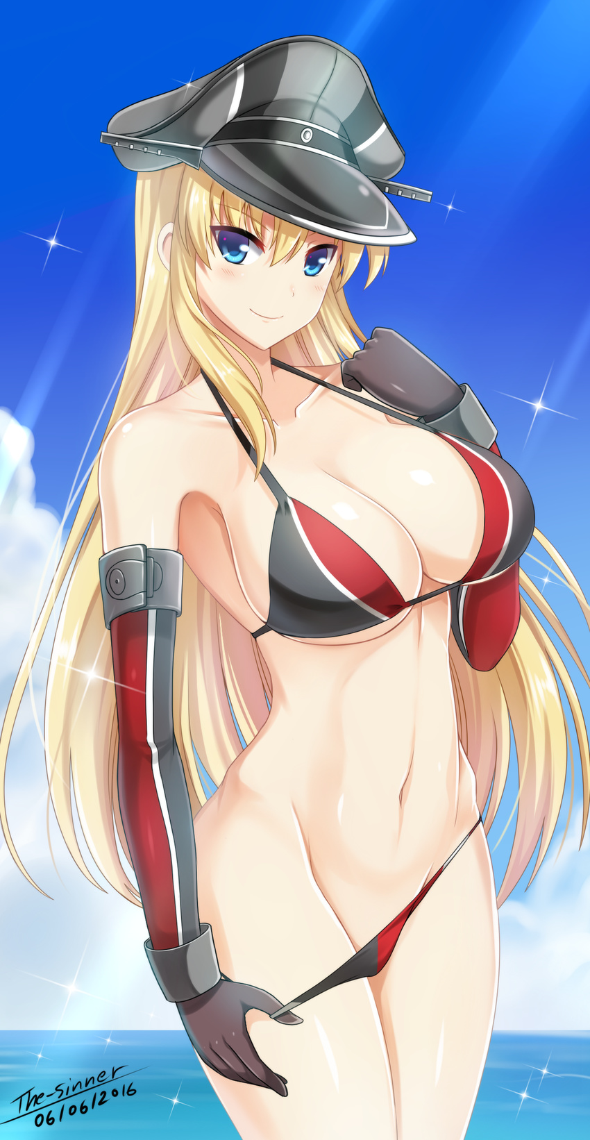 absurdres adapted_costume arm_at_side artist_name bikini bikini_pull bismarck_(kancolle) black_gloves blonde_hair blue_eyes blue_sky breasts cleavage clothes_pull cloud collarbone commentary_request dated day elbow_gloves female gloves grey_bikini grey_hat groin hat highres kantai_collection large_breasts light_rays long_hair navel peaked_cap pulling_own_clothes red_bikini sky solo stomach summer sunlight swimsuit the-sinner very_long_hair