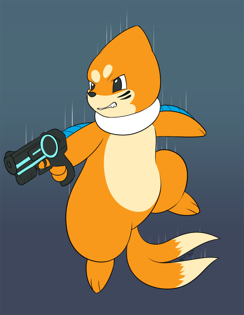 2_tails ambiguous_gender bui buizel generation_4_pokemon gun hi_res multi_tail nintendo pokemon pokemon_(species) ranged_weapon slimefur solo tail weapon