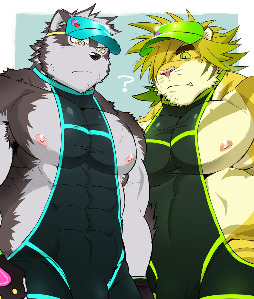 2boys ? ainu_clothes animal_ears bara bare_pectorals belly black_bodysuit black_eyes black_tank_top blonde_hair bodysuit bulge colored_sclera covered_abs covered_navel ezaki_papiko furry furry_male green_sclera grey_fur grey_hair headband highres horkeu_kamui large_pectorals macan_(housamo) male_focus multiple_boys muscular muscular_male navel nipples pectorals plump skin_tight tank_top thick_eyebrows tiger_boy tiger_ears tokyo_afterschool_summoners two-tone_fur white_fur white_hair wolf_boy wolf_ears yellow_fur