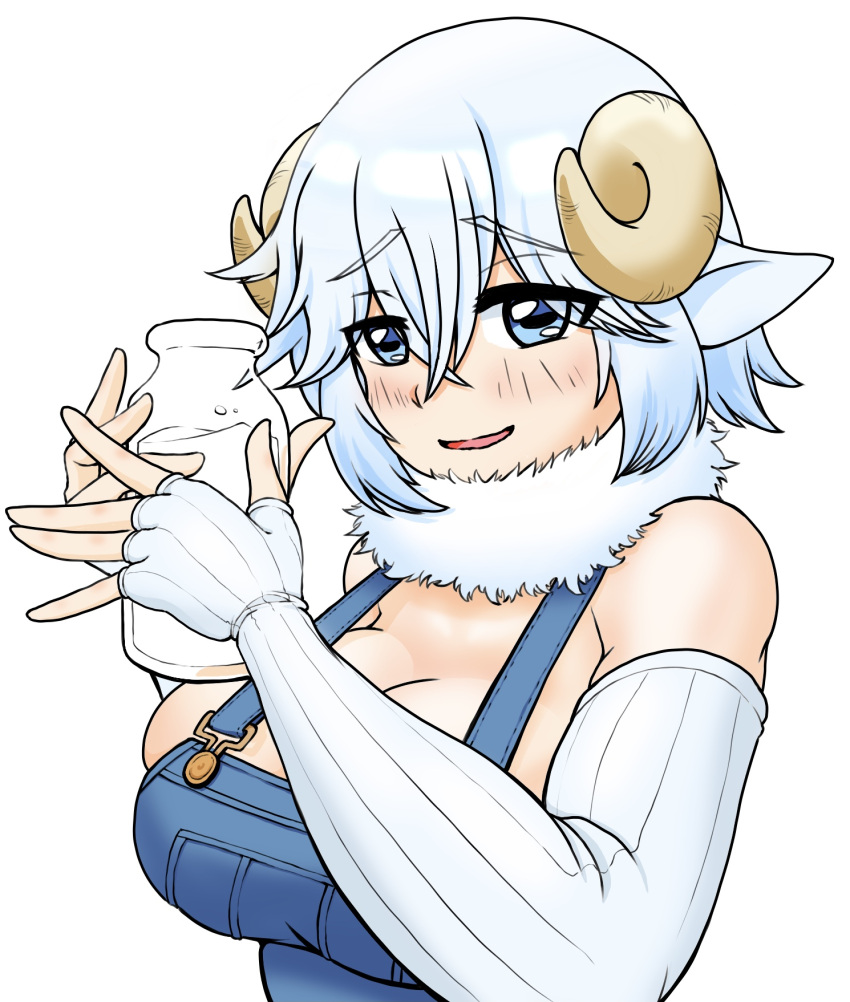 animal_ears blue_eyes blue_hair blue_overalls blush bottle bow breasts brown_bow cleavage close_(sophora09) commentary_request crossed_bangs curled_horns elbow_gloves eyes_visible_through_hair female fingerless_gloves gloves hair_between_eyes highres holding holding_bottle horizontal_pupils horns large_breasts looking_at_viewer merino_(monster_musume) milk milk_bottle monster_musume_no_iru_nichijou neck_fur open_mouth overalls sheep_ears sheep_girl short_hair simple_background smile solo upper_body white_background white_gloves