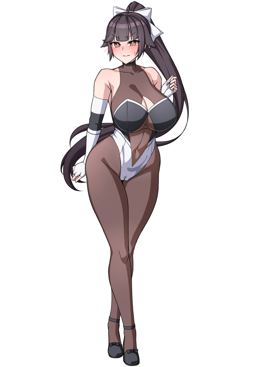 azur_lane bare_shoulders black_hair blush bow breasts cleavage cleavage_cutout closed_mouth clothing_cutout covered_navel female full_body highres large_breasts long_hair looking_at_viewer muta_poo official_alternate_costume pantyhose ponytail race_queen solo takao_(azur_lane) takao_(full_throttle_charmer)_(azur_lane) two-tone_leotard white_bow