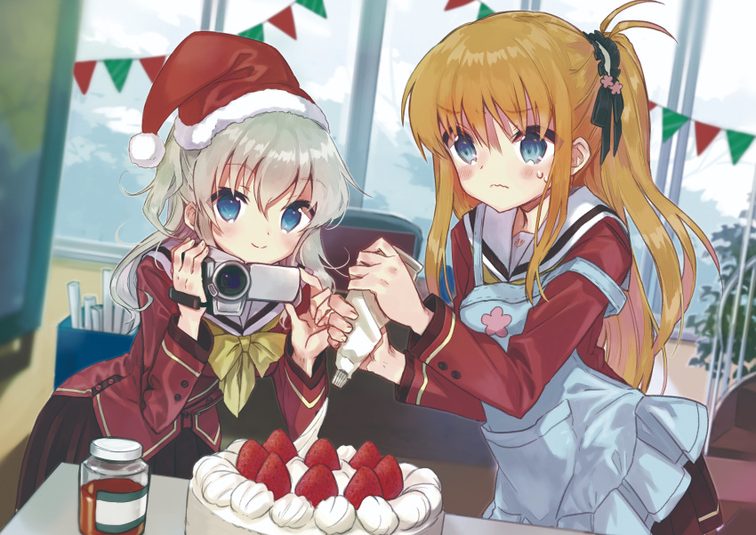 2girls absurdres apron black_ribbon blonde_hair blue_apron blue_eyes blurry blurry_background blush brown_skirt cake camera charlotte_(anime) christmas closed_mouth collared_shirt commentary_request cooking food fur-trimmed_headwear fur-trimmed_shirt fur_trim grey_hair hair_between_eyes hair_ribbon hat highres holding holding_camera hoshinoumi_academy_school_uniform indoors leaning_forward long_hair long_sleeves miniskirt miyoshino multiple_girls neckerchief nishimori_yusa pleated_skirt red_headwear red_shirt ribbon sailor_collar sailor_shirt santa_hat school_uniform shirt skirt standing sweatdrop tomori_nao very_long_hair white_sailor_collar yellow_neckerchief