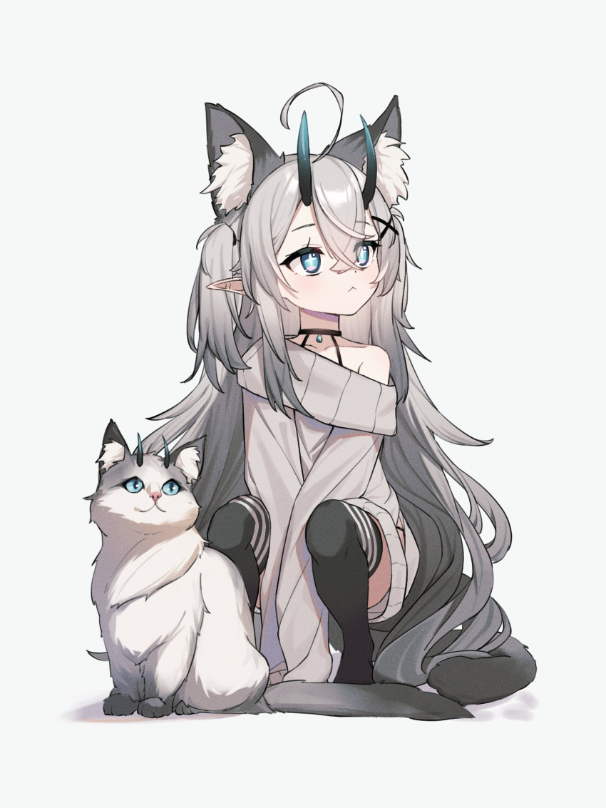 +_+ :< animal animal_ear_fluff animal_ears between_legs black_thighhighs blue_eyes cat_ears cat_girl cat_tail closed_mouth commentary english_commentary feline female grey_background grey_hair grey_sweater hair_between_eyes hair_ornament hairclip hand_between_legs highres horns long_hair long_sleeves looking_away looking_to_the_side mosou_keito no_shoes off_shoulder original pointy_ears shadow sleeves_past_fingers sleeves_past_wrists solo squatting sweater tail thighhighs two_side_up very_long_hair x_hair_ornament