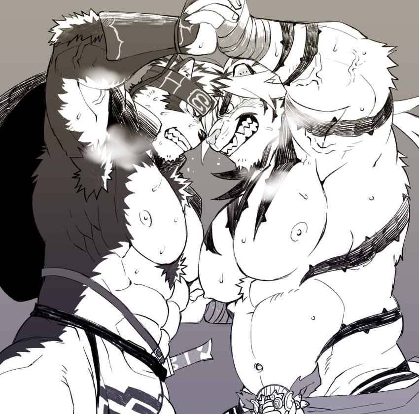 2boys ainu_clothes animal_ears bara bare_pectorals battle belly breath colored_sclera ezaki_papiko furry furry_male green_sclera headband highres horkeu_kamui interlocked_fingers large_pectorals macan_(housamo) male_focus monochrome multiple_boys muscular muscular_male navel nipples pectorals pelvic_curtain plump sharp_teeth sweat teeth thick_eyebrows tiger_boy tiger_ears tokyo_afterschool_summoners two-tone_fur upper_body veins wolf_boy wolf_ears wrestling_outfit