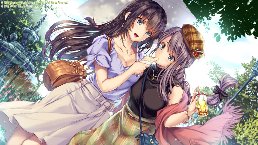 2girls :d alternate_costume azur_lane bag bare_shoulders belt beret between_breasts black_shirt blue_eyes blue_sky blush bow braid breasts brown_bag brown_belt brown_headwear casual cleavage cloud collarbone commentary_request cowboy_shot crepe cup curacoa_(azur_lane) curlew_(azur_lane) day disposable_cup drinking_straw dutch_angle eating food fountain hair_between_eyes hairbow handbag hat highres holding holding_cup holding_food jewelry lamppost large_breasts long_hair looking_at_another monety multiple_girls necklace official_art open_mouth outdoors pink_shawl plaid plaid_headwear plaid_skirt purple_hair purple_shirt shawl shirt shirt_tucked_in sidelocks single_braid skirt sky sleeveless sleeveless_shirt smile standing strap_between_breasts tree umbrella watermark white_skirt