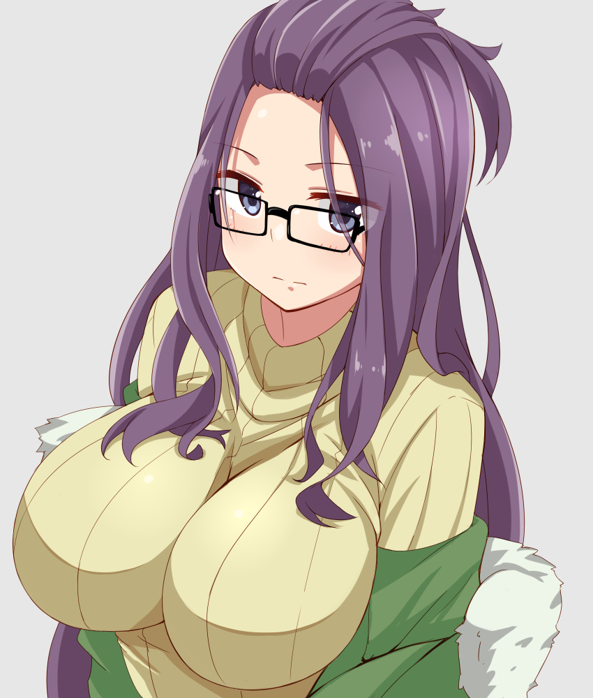 bangs_pinned_back black-framed_eyewear blush breasts commentary_request dou-t female glasses highres impossible_clothes impossible_sweater jacket kagamihara_sakura large_breasts long_hair long_sleeves looking_at_viewer purple_eyes purple_hair ribbed_sweater simple_background solo sweater turtleneck turtleneck_sweater upper_body yurucamp