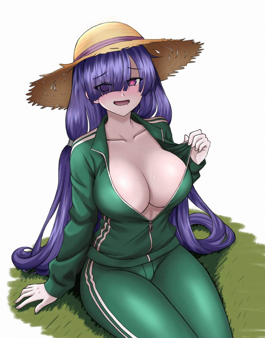 absurdres alternate_costume axelsworks azur_lane blush breasts collarbone drooling eyes_visible_through_hair female green_track_suit hair_over_one_eye hat heart heart-shaped_pupils highres huge_breasts jacket long_hair low_twintails mogador_(azur_lane) mouth_drool on_grass open_mouth pants partially_unzipped pulling_own_clothes purple_eyes purple_hair sitting solo straw_hat sun_hat sweat symbol-shaped_pupils track_jacket track_pants track_suit twintails very_long_hair