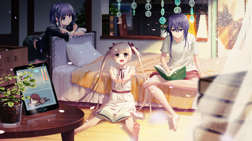 3girls :d arched_back barefoot bedroom bent_over black_jacket black_shorts blonde_hair braid brown_eyes closed_mouth collared_shirt dress_shirt floating_hair game_cg hair_between_eyes hair_ornament indoors jacket kaizou_momo kurono_mitsuki light_particles long_hair long_sleeves miniskirt multiple_girls ootate_ruka petals purple_eyes purple_hair re:lief_~shin'ai_naru_anata_e~ red_shorts shirt short_shorts short_sleeves shorts single_braid sitting skirt smile soles t-shirt toto_(re:lief) very_long_hair white_shirt white_skirt wing_collar x_hair_ornament