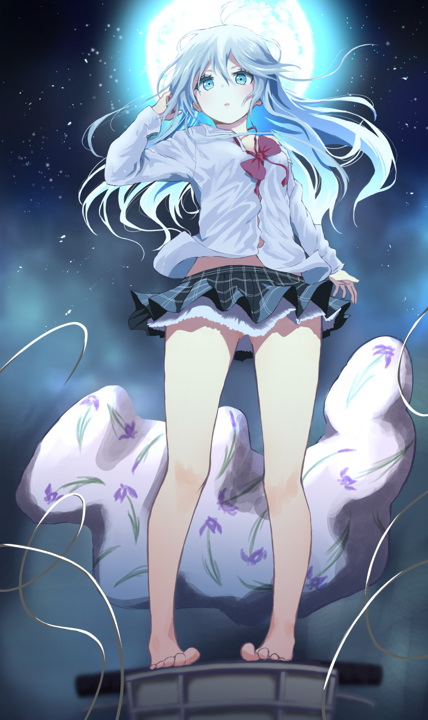 absurdres ahoge barefoot black_skirt blue_eyes blue_hair bow collared_shirt commentary_request denpa_onna_to_seishun_otoko dress_shirt female floral_print full_body full_moon glowing hair_between_eyes hand_up highres kamatama long_hair long_sleeves looking_at_viewer midriff_peek moon night night_sky outdoors parted_lips pleated_skirt red_bow shirt skirt sky solo standing star_(sky) starry_sky touwa_erio very_long_hair white_shirt