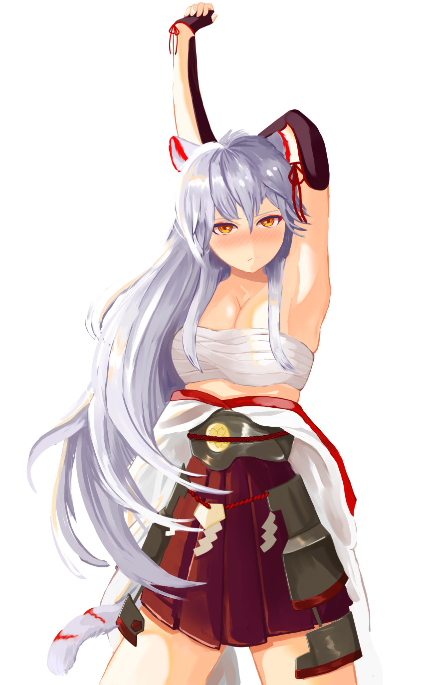 absurdres animal_ears armpits azur_lane blush breasts cleavage female grey_hair highres hyuuga_(azur_lane) long_hair looking_at_viewer medium_breasts sarashi simple_background skirt solo tail user_jwyp2875 white_hair