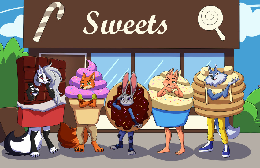 absurd_res anthro candy canid canid_demon canine canis chocolate chocolate_bar clothed clothing costume cream_(food) cupcake day demon dessert detailed_background diane_foxington disney doughnut dreamworks female food food_costume fox group hellhound helluva_boss hi_res hinzen ice ice_cream illumination_entertainment judy_hopps lagomorph leporid loona_(helluva_boss) male mammal mythological_canine mythological_creature mythology nick_wilde outside pancake pastry porsha_crystal rabbit red_fox sing_(movie) standing store the_bad_guys true_fox wolf zootopia