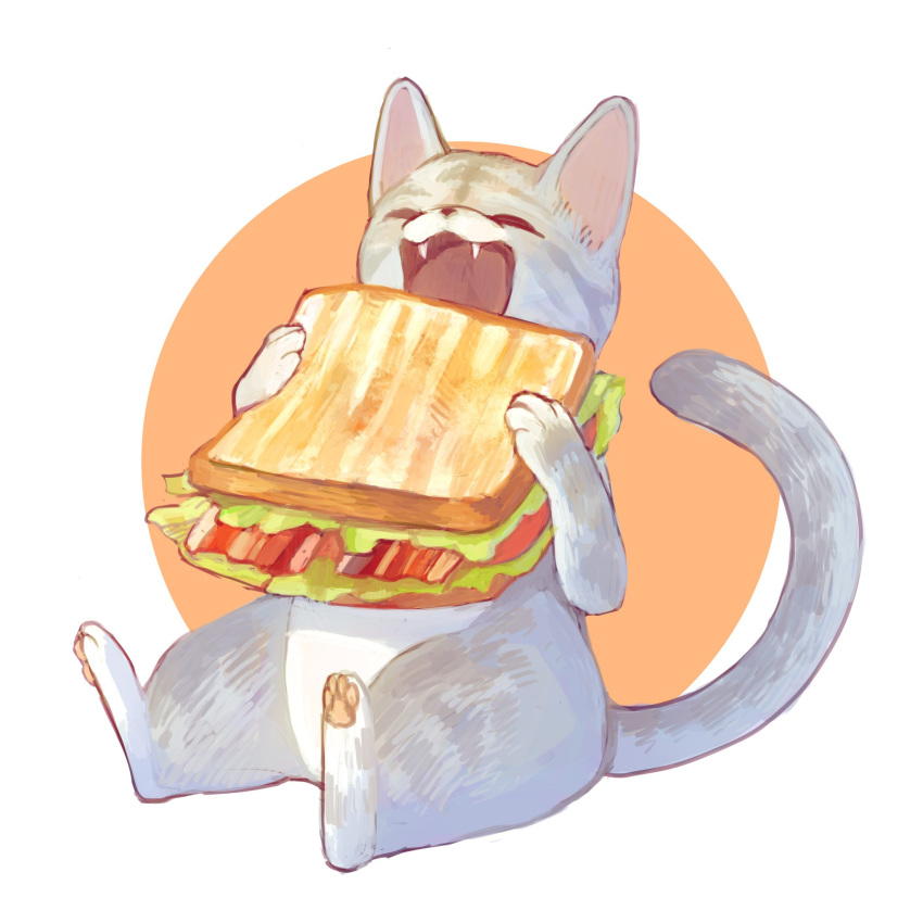 bacon bad_id bad_twitter_id closed_eyes commentary_request eating fangs feline food food_focus full_body hands_up highres holding lettuce mayumochini no_humans open_mouth original pawpads sandwich simple_background sitting solo tomato two-tone_background white_background